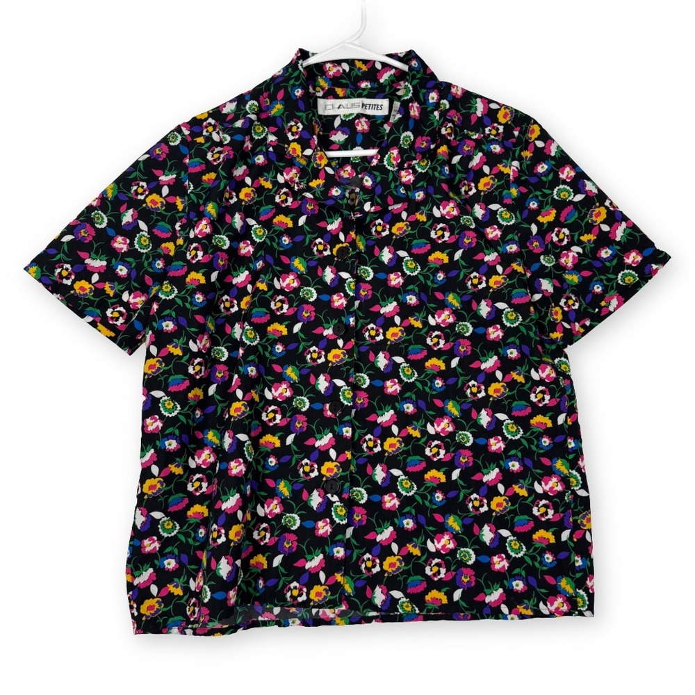 Chaus Petites Vintage Floral Button Down Blouse Black Multi Color Short Sleeve 8